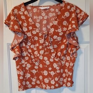 LC Lauren Conrad Terracotta Floral Flutter Sleeve Top M